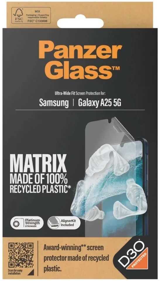 Panzer Glass PanzerGlass Ultra Wide Fit perdirbtas antibakterinis ekrano apsauginis stiklas Matrix su aplikatoriumi, skirtas Samsung Galaxy A25 (5G)