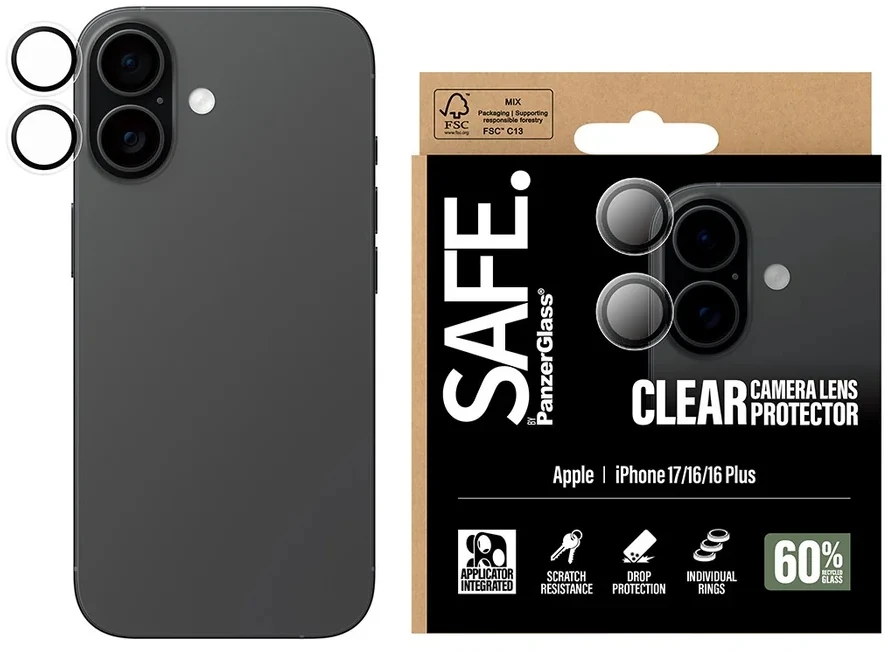 Panzer Glass „PanzerGlass“ – SAFE. Skaidrus kameros objektyvo apsauginis dėklas – „iPhone 17/16/16 Plus“