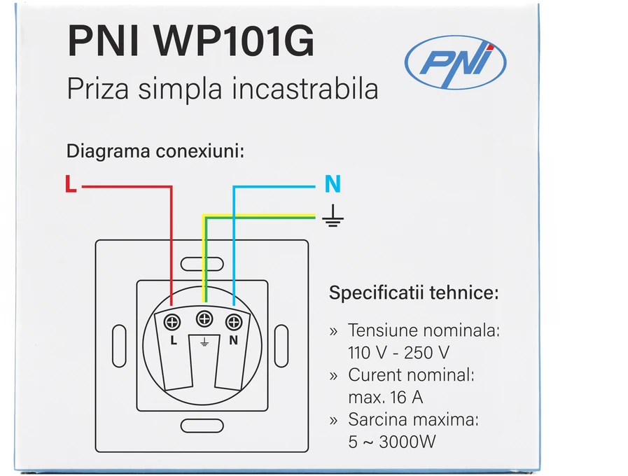 Paprastas įmontuojamas kištukinis lizdas PNI WP101G su stikliniu rėmeliu, auksinės spalvos, 16A 3000W