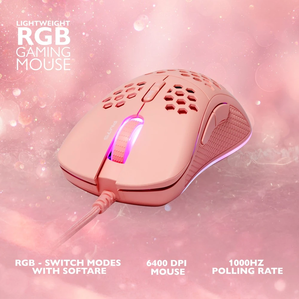 Klaviatūra Itin lengva žaidimų pelė DELTACO GAMING PM75 6400 DPI, RGB, guma padengtos šoninės rankenos, rožinė / GAM-108-P