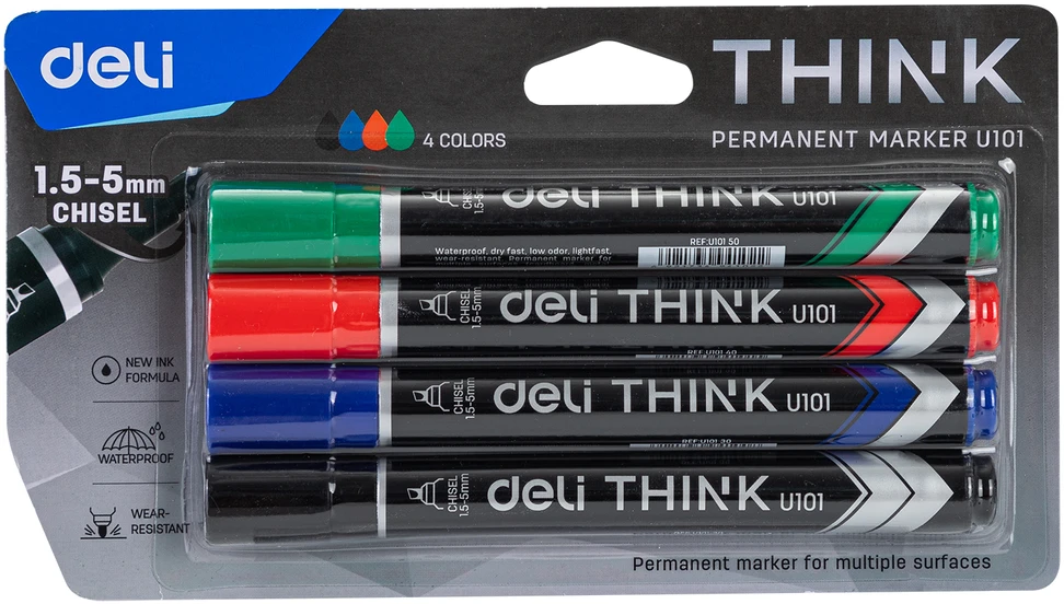 Permanentinis žymeklis DELI U101 1,5-5 mm, kirstu galiuku, 4 spalvų rinkinys