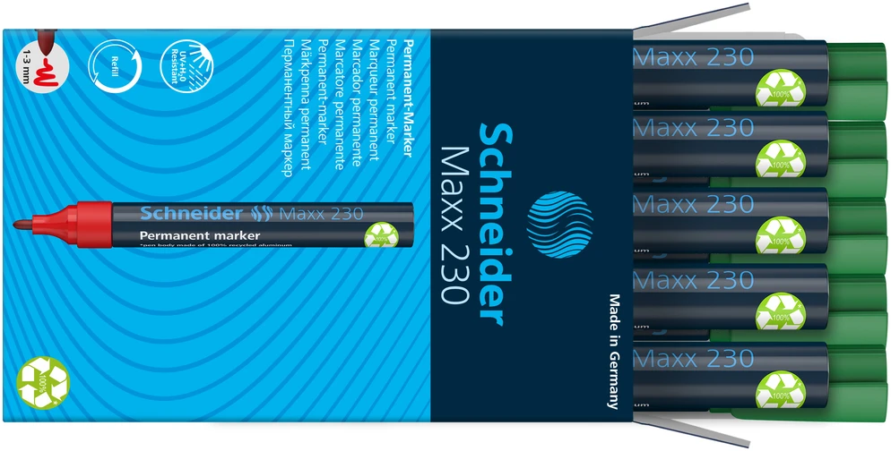 Permanentinis žymeklis Schneider 230, 1-3mm, apvaliu galiuku, žalios spalvos