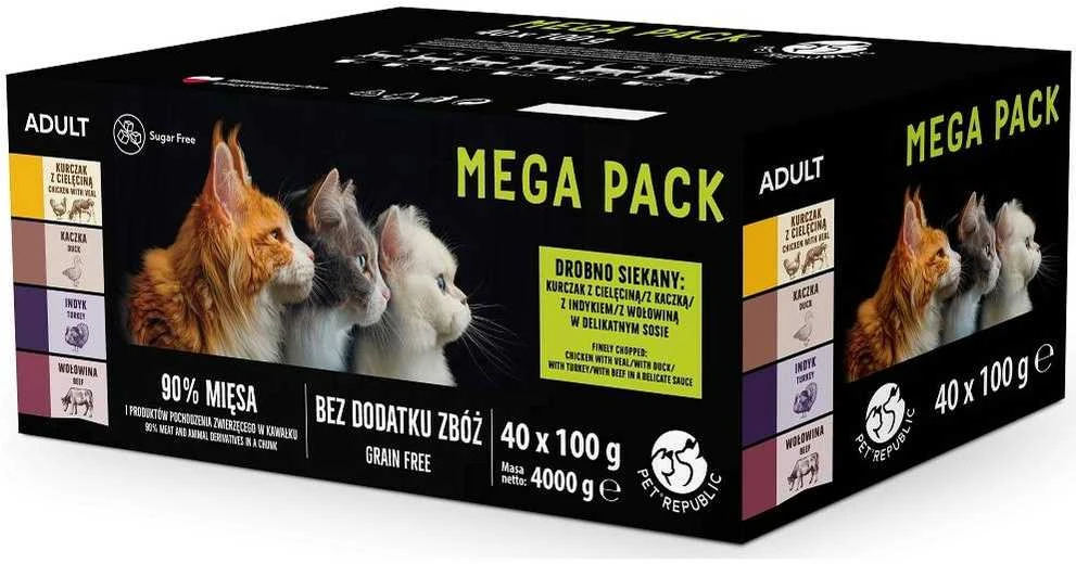 Pet Republic PETREPUBLIC Mega Pack vištiena with veal, duck, kalakutiena, jautiena – šlapias kačių maistas – 40x100g
