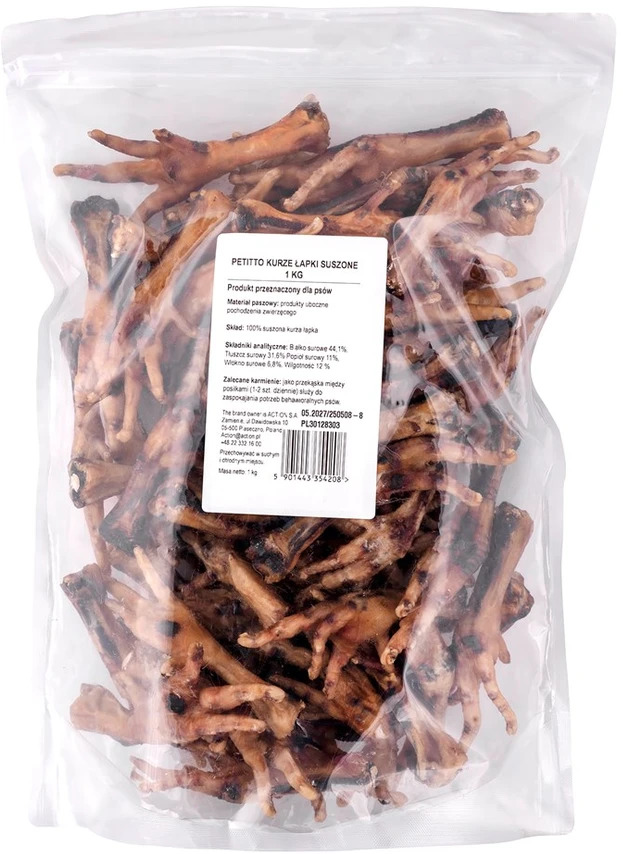 Gyvūnų Priedas - PETITTO Džiovinti Vištienos Pėdų 1kg Be Grūdų Kramtomi