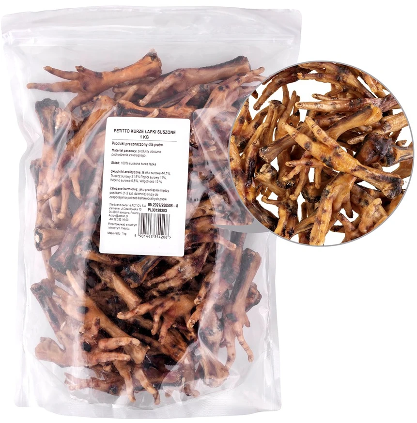 Gyvūnų Priedas - PETITTO Džiovinti Vištienos Pėdų 1kg Be Grūdų Kramtomi