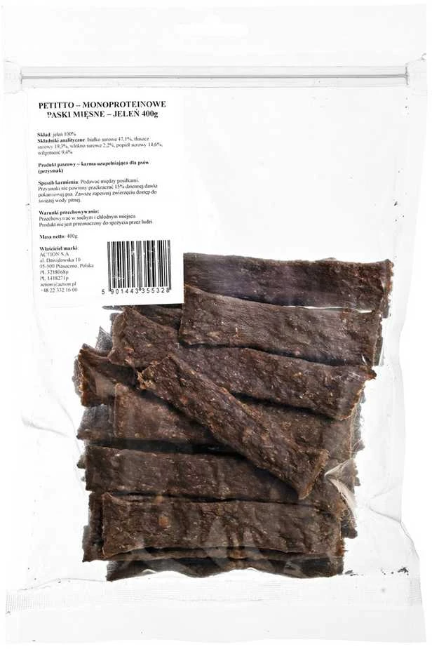 Gyvūnų Skanėstas - PETITTO Monoproteininiai Elnių Mėsos Juostelės 400g Aukštas Baltymų Kiekis 47.1%