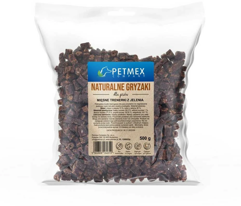 Gyvūnų skanėstai - PETMEX Elnių mėsos mokomieji skanėstai (hipoalerginiai, be grūdų, 500g)