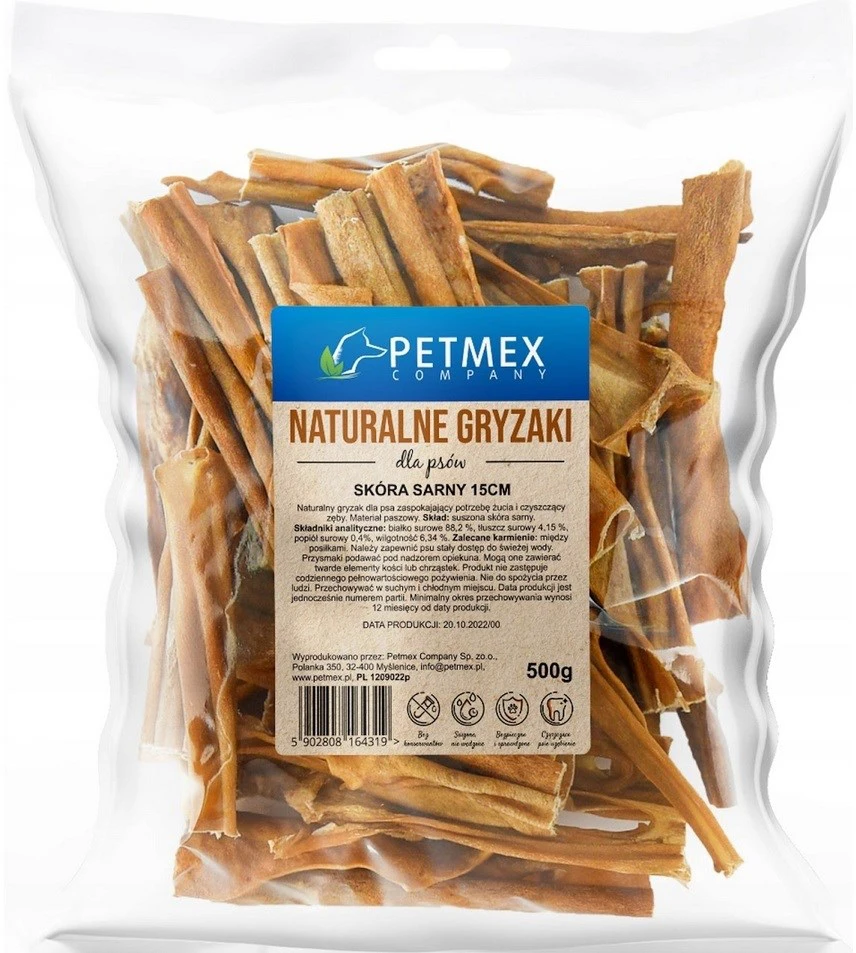 Gyvūnų skanėstas - PETMEX Raudonojo elnio oda kramtoma 500g, aukštas baltymų kiekis 88.2%