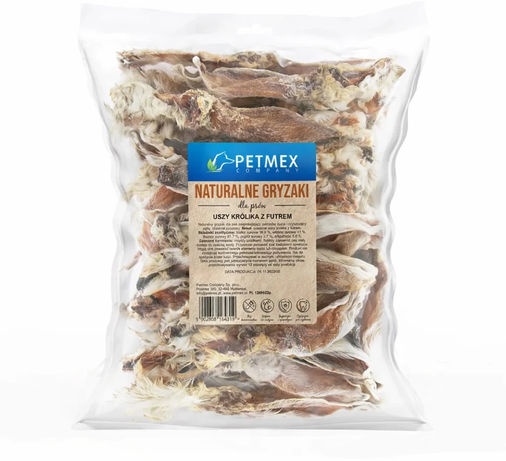 Gyvūnų skanėstas - PETMEX Triušio ausys su pūkais (200g, be grūdų, hipoalergiškas)