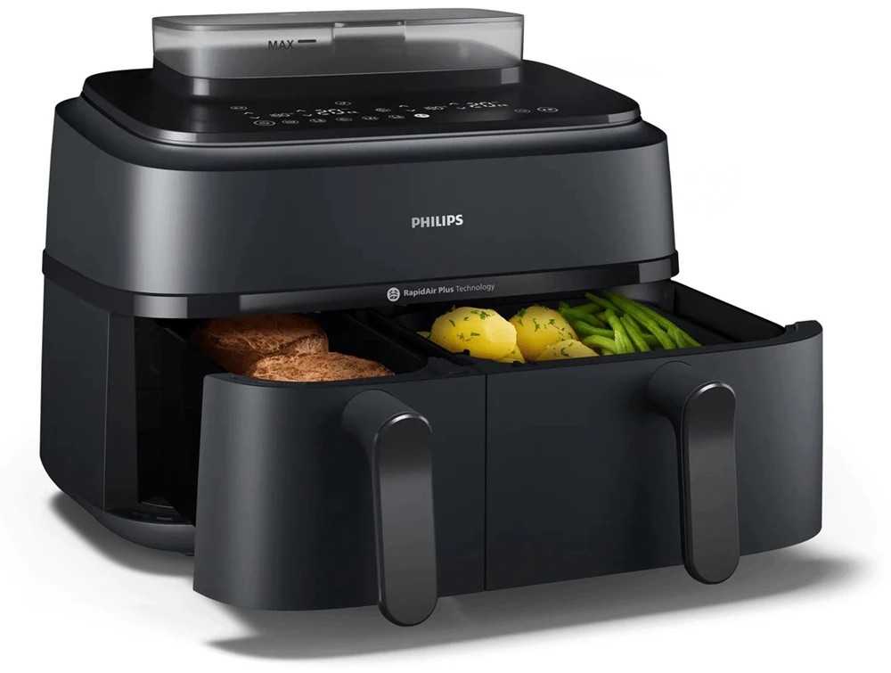 PHILIPS Gruzdintuvė be aliejaus 9 l su dvigubu krepšiu, garų funkcija NA550/00
