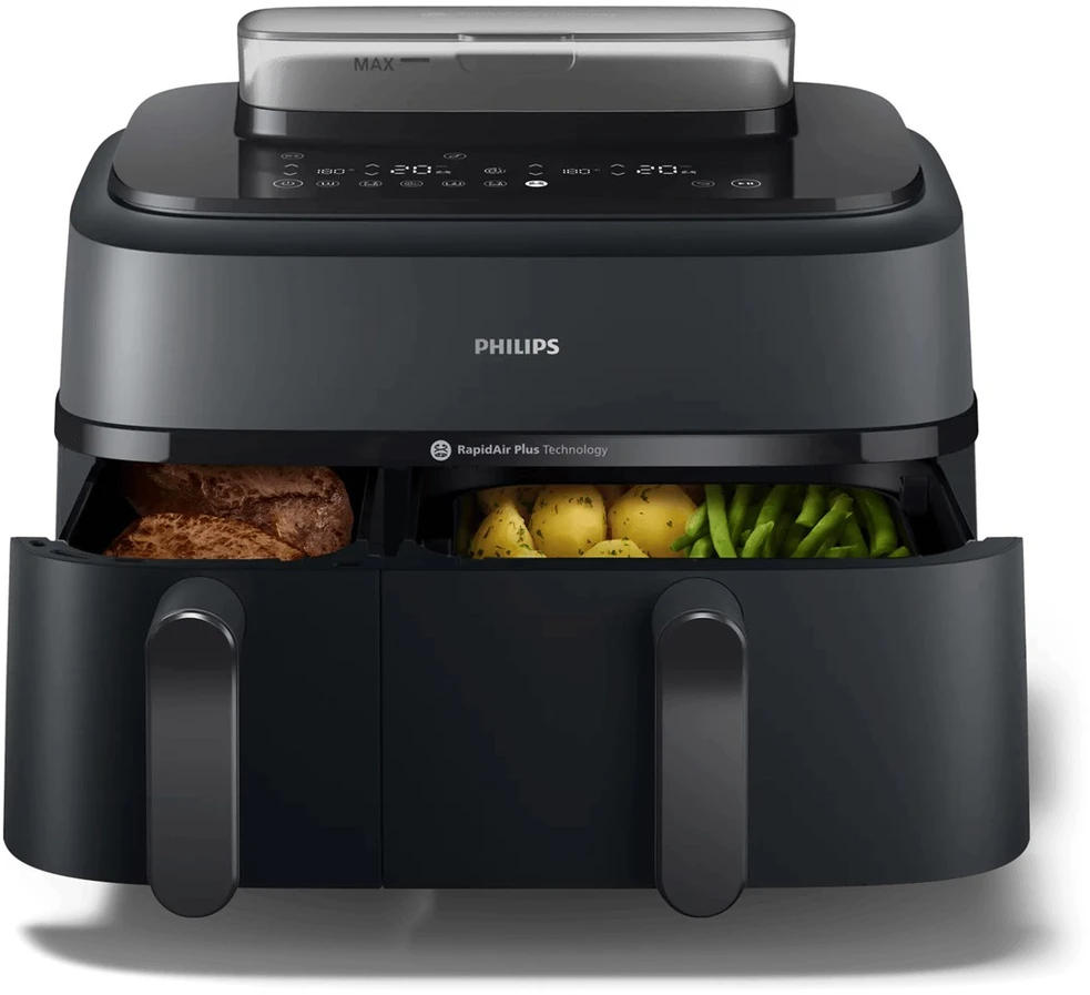 PHILIPS Gruzdintuvė be aliejaus 9 l su dvigubu krepšiu, garų funkcija NA550/00