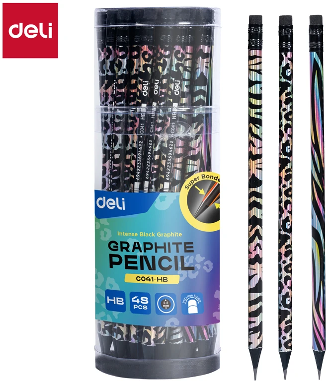 Pieštukas DELI C041 HB su trintuku, juodos spalvos grafitas, įvairių dizainų