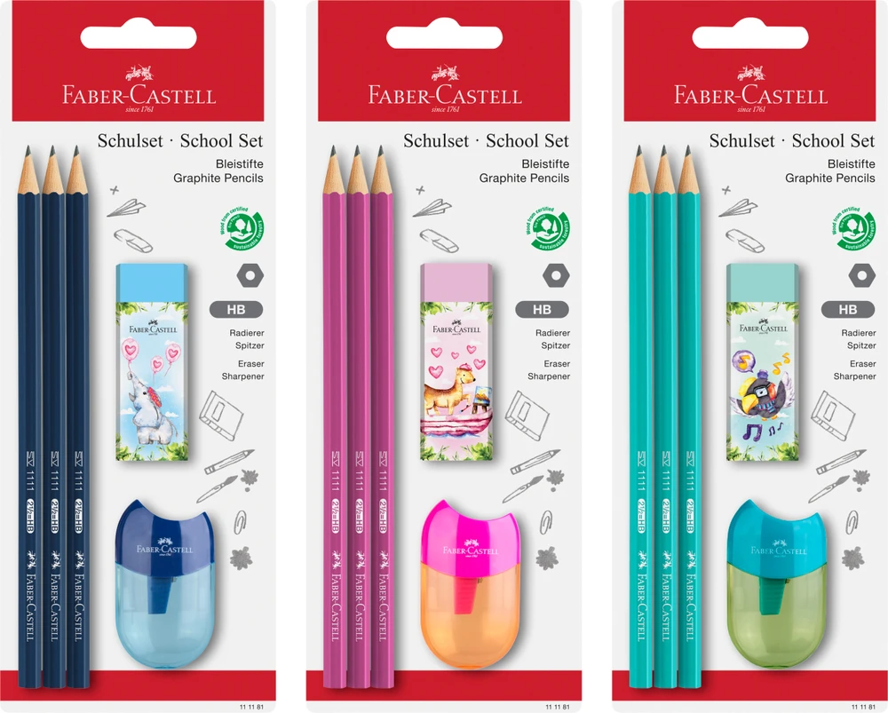 Pieštukų rinkinys Faber-Castell 1111 HB, 3 pieštukai, drožtukas ir trintukas, įvairių spalvų