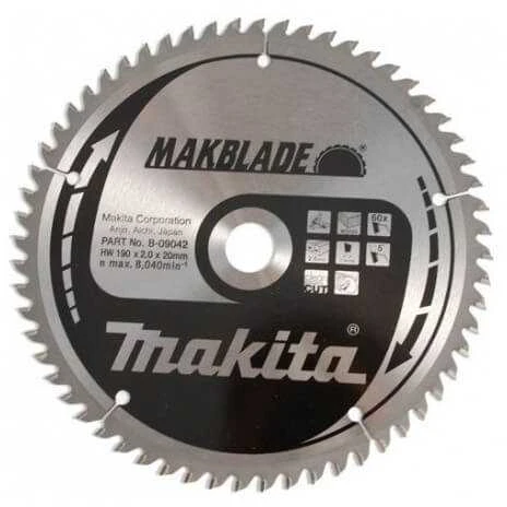 Makita T.C.T. pjūklas MAKBLADE 190X2X20mm 5° T60 B-09042 T.C.T • 190 x20 mm • T60 • 5° • Medienai