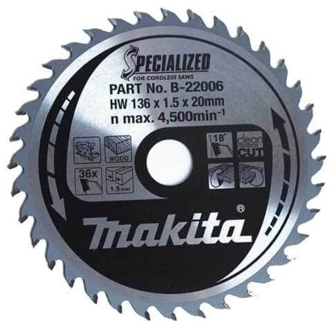 Makita T.C.T. pjūklas SPECIALIZED 136X1.5X20mm 18° T36 B-22006 T.C.T • 136 x20 mm • T36 • 18° • Medienai
