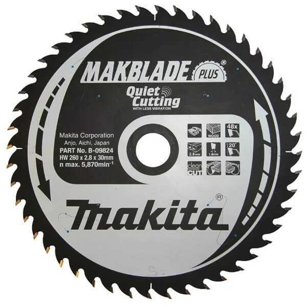 Makita T.C.T. pjūklas MAKBLADE PLUS 260X2.8X30mm 20° T48 B-09824 T.C.T • 260 x30 mm • T48 • 20° • Medienai