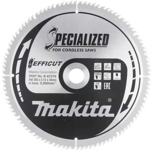 Makita T.C.T. pjūklas EFFICUT 305X2.15X30mm 10° T100 B-67278 T.C.T • 305 x30 mm • T100 • 10° • Medienai