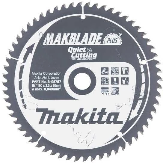 Makita T.C.T. pjūklas MAKBLADE PLUS 190X2X20mm 5° T60 B-08757 T.C.T • 190 x20 mm • T60 • 5° • Medienai