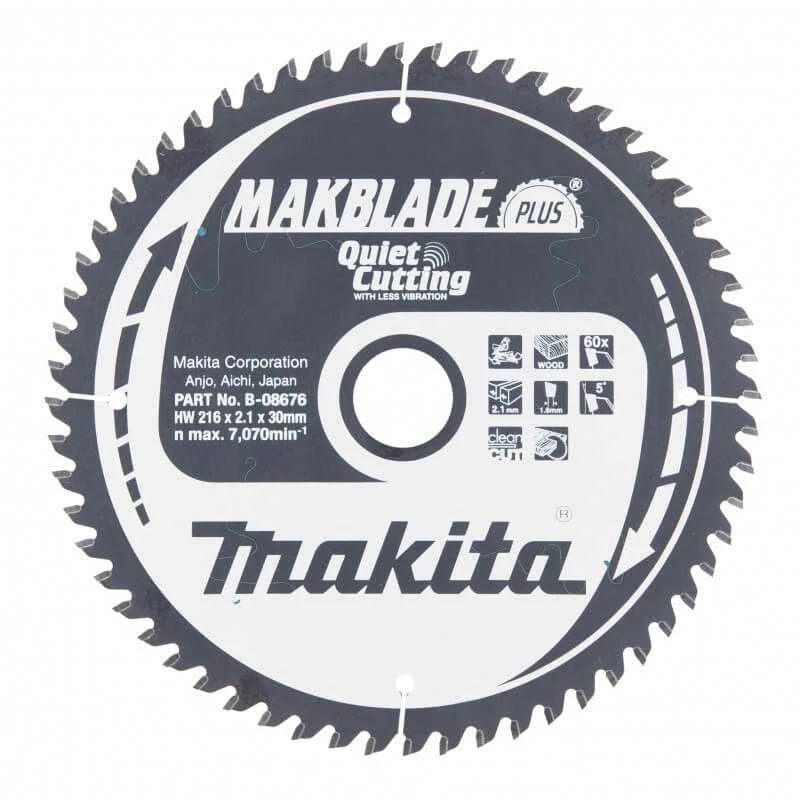 Makita T.C.T. pjūklas MAKBLADE PLUS 216X2.1X30mm 5° T60 B-08676 T.C.T • 216 x30 mm • T60 • 5° • Medienai