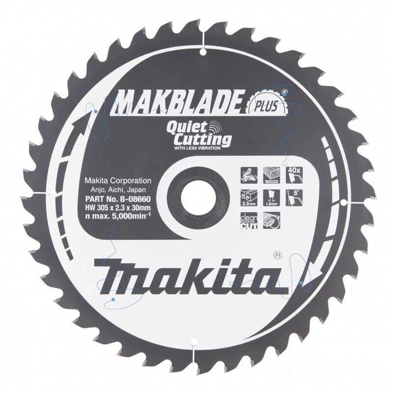 Makita T.C.T. pjūklas MAKBLADE PLUS 305X2.3X30mm 5° T40 B-08660 T.C.T • 305 x30 mm • T40 • 5° • Medienai