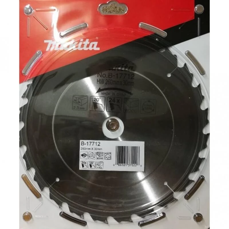 Makita T.C.T. pjūklas 260X2.3X30mm 20° T24 B-17712 T.C.T • 260 x30 mm • T24 • 20° • Medienai