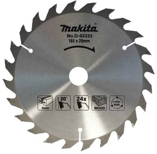Makita T.C.T. pjūklas 165X2X20mm 20° T24 D-03333 T.C.T • 165 x20 mm • T24 • 20° • Medienai