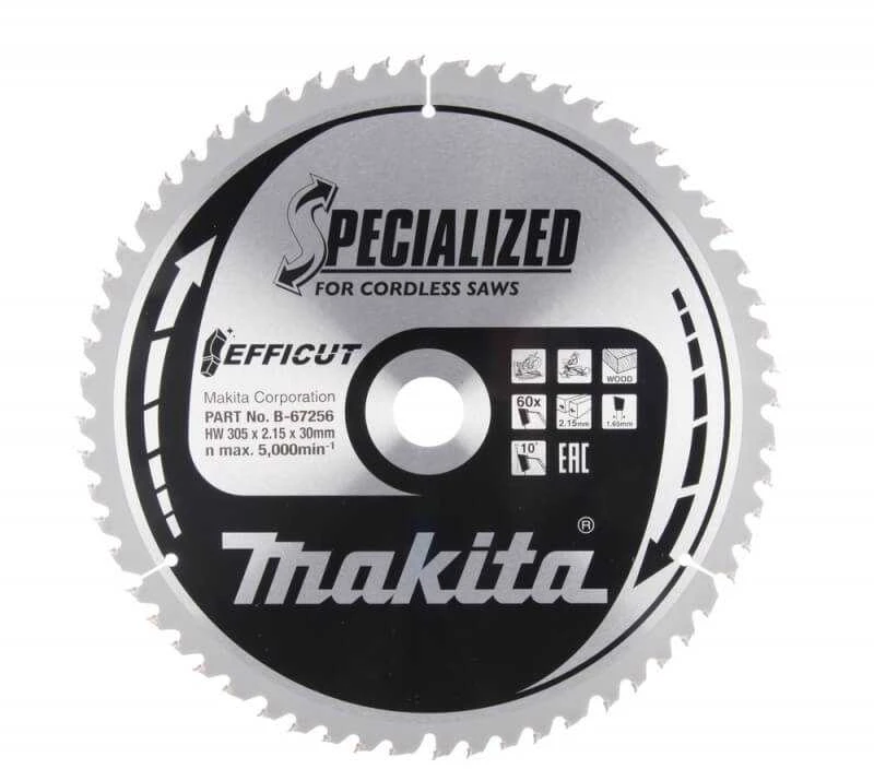 Makita T.C.T. pjūklas EFFICUT 305X2.15X30mm 10° T60 B-67256 T.C.T • 305 x30 mm • T60 • 10° • Medienai