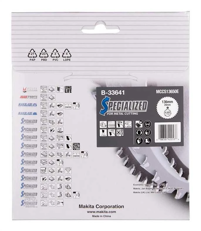 Makita T.C.T. pjūklas SPECIALIZED 136X1.4X20mm -15° T50 B-33641 T.C.T • 136 x20 mm • T50 • -15° • Metalui