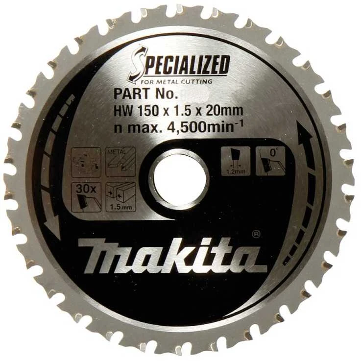 Makita T.C.T. pjūklas SPECIALIZED 150X1.6X20mm 0° T52 B-47189 T.C.T • 150 x20 mm • T52 • 0° • Aliuminiui
