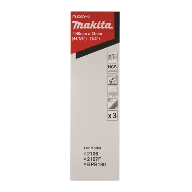 Makita Pjovimo juosta 13x0,5x1140mm, 18 Tpi, HCS, 4-5mm, plastikui, spalvotiesiems metalams, minkštam plienui, 3 vnt. pakuotėje. 792559-8
