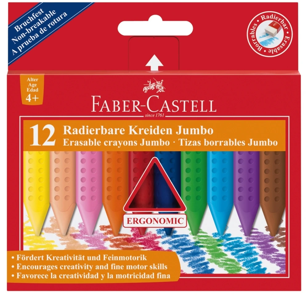 *Plastikinės kreidelės Faber-Castell Grip Jumbo, tribriaunės, 12 spalvų