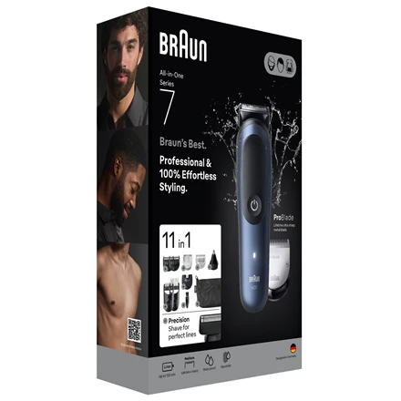 Braun 11in1 priežiūros rinkinys | Viskas viename, 7 serija, AIO7540 | Belaidis | Ilgio pakopų skaičius: 14 | Juodas/Mėlyna