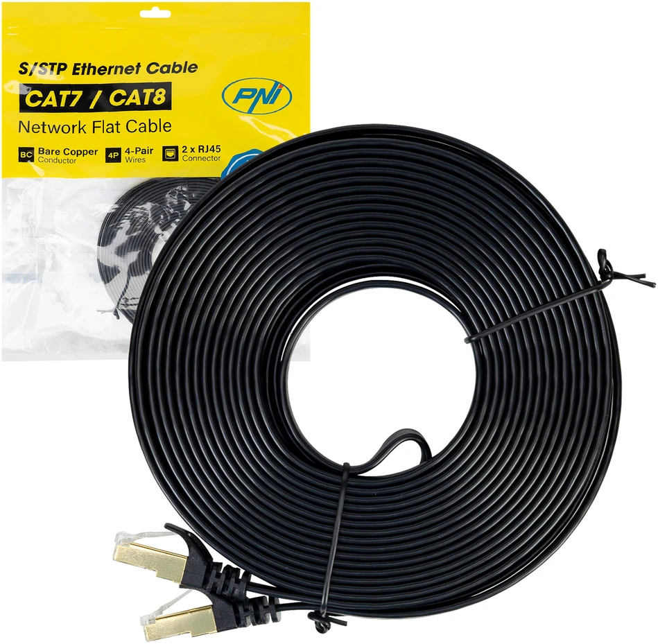 Plokščias tinklo kabelis S/STP CAT7 PNI U7100B, 2 x RJ45, 4 laidų poros, 32AWG, varinis, 10 Gbps, 600 MHz, 10m, juodas