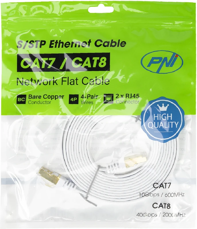 Plokščias tinklo kabelis S/STP CAT7 PNI U7030W, 2 x RJ45, 4 laidų poros, 32AWG, varinis, 10 Gbps, 600 MHz, 3m, baltas
