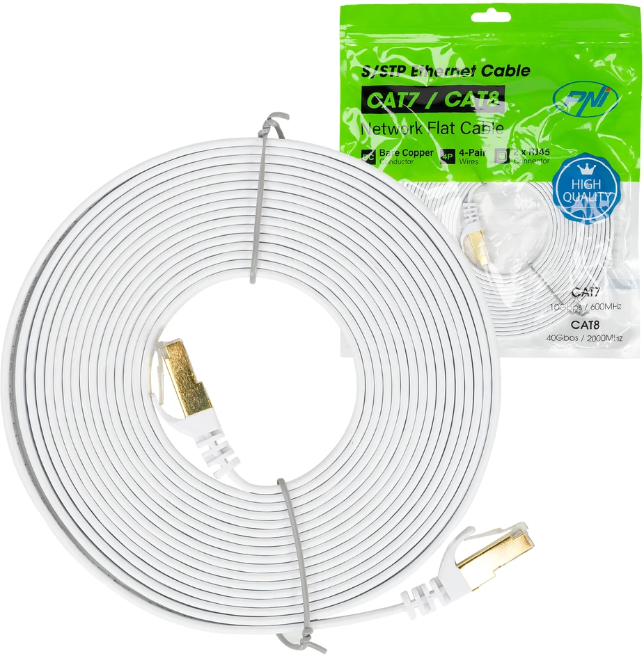 Plokščias tinklo kabelis S/STP CAT7 PNI U7050W, 2 x RJ45, 4 laidų poros, 32AWG, varinis, 10 Gbps, 600 MHz, 5m, baltas