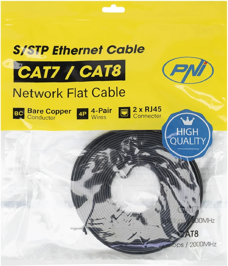 Plokščias tinklo kabelis S/STP CAT7 PNI U7100B, 2 x RJ45, 4 laidų poros, 32AWG, varinis, 10 Gbps, 600 MHz, 10m, juodas