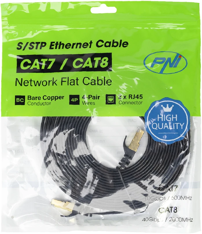 Plokščias tinklo kabelis S/STP CAT7 PNI U7050B, 2 x RJ45, 4 laidų poros, 32AWG, varinis, 10 Gbps, 600 MHz, 5m, juodas