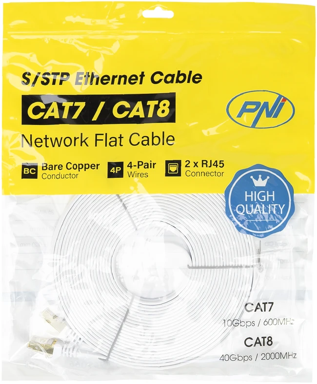 Plokščias tinklo kabelis S/STP CAT7 PNI U7150W, 2 x RJ45, 4 laidų poros, 32AWG, varinis, 10 Gbps, 600 MHz, 15m, baltas