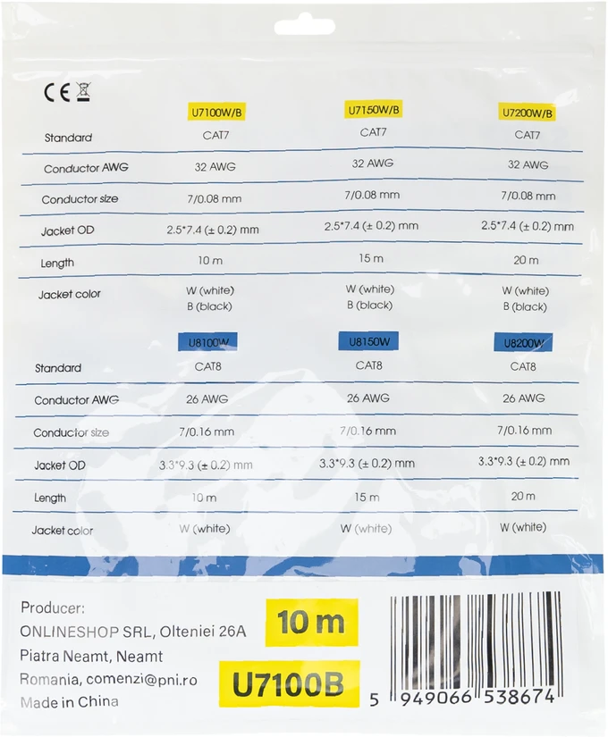 Plokščias tinklo kabelis S/STP CAT7 PNI U7100B, 2 x RJ45, 4 laidų poros, 32AWG, varinis, 10 Gbps, 600 MHz, 10m, juodas
