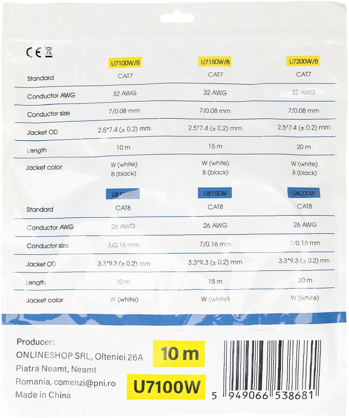 Plokščias tinklo kabelis S/STP CAT7 PNI U7100W, 2 x RJ45, 4 laidų poros, 32AWG, varinis, 10 Gbps, 600 MHz, 10m, baltas