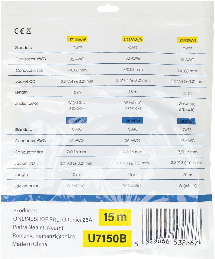 Plokščias tinklo kabelis S/STP CAT7 PNI U7150B, 2 x RJ45, 4 laidų poros, 32AWG, varinis, 10 Gbps, 600 MHz, 15m, juodas