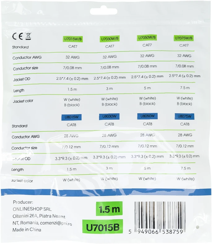Plokščias tinklo kabelis S/STP CAT7 PNI U7015B, Patch, 2 x RJ45, 4 laidų poros, 32AWG, varinis, 10 Gbps, 600 MHz, 1.5m, juodas