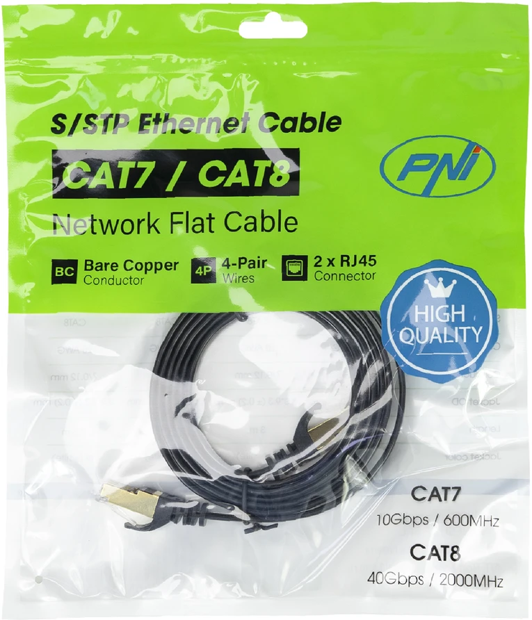 Plokščias tinklo kabelis S/STP CAT7 PNI U7015B, Patch, 2 x RJ45, 4 laidų poros, 32AWG, varinis, 10 Gbps, 600 MHz, 1.5m, juodas