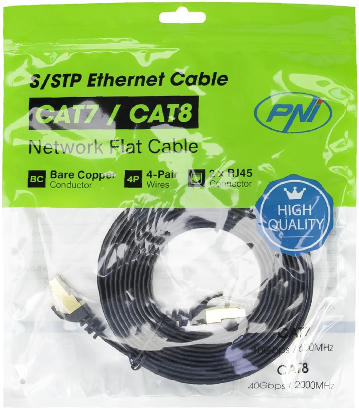 Plokščias tinklo kabelis S/STP CAT7 PNI U7030B, 2 x RJ45, 4 laidų poros, 32AWG, varinis, 10 Gbps, 600 MHz, 3m, juodas