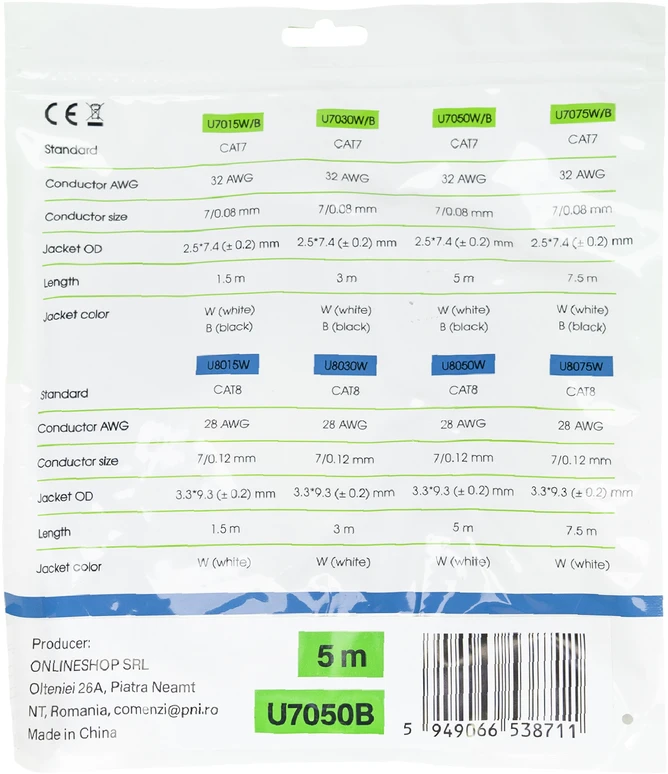 Plokščias tinklo kabelis S/STP CAT7 PNI U7050B, 2 x RJ45, 4 laidų poros, 32AWG, varinis, 10 Gbps, 600 MHz, 5m, juodas