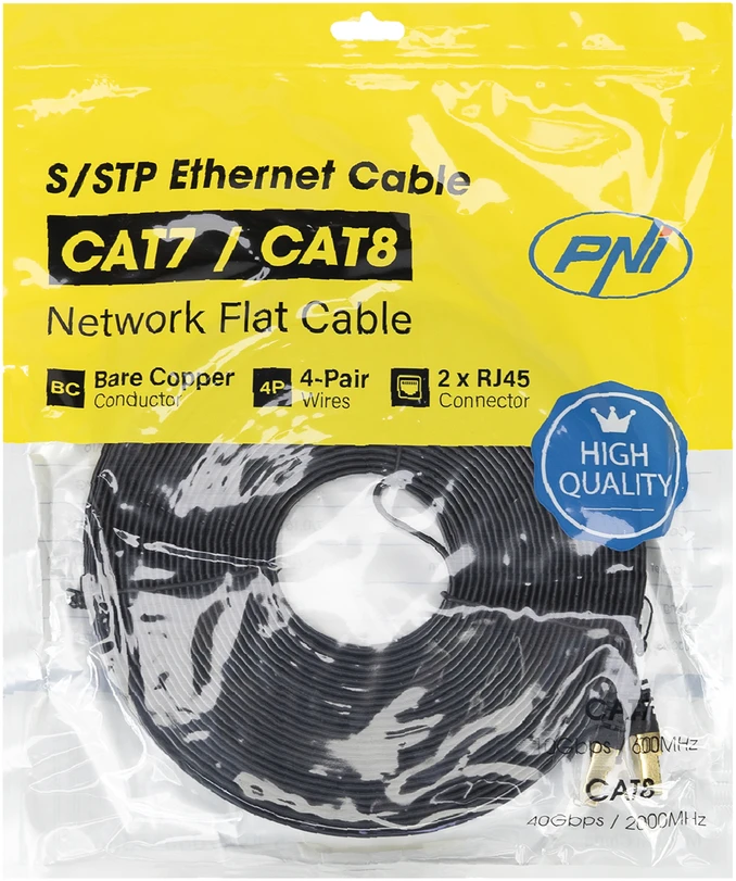 Plokščias tinklo kabelis S/STP CAT7 PNI U7200B, 2 x RJ45, 4 laidų poros, 32AWG, varinis, 10 Gbps, 600 MHz, 20m, juodas