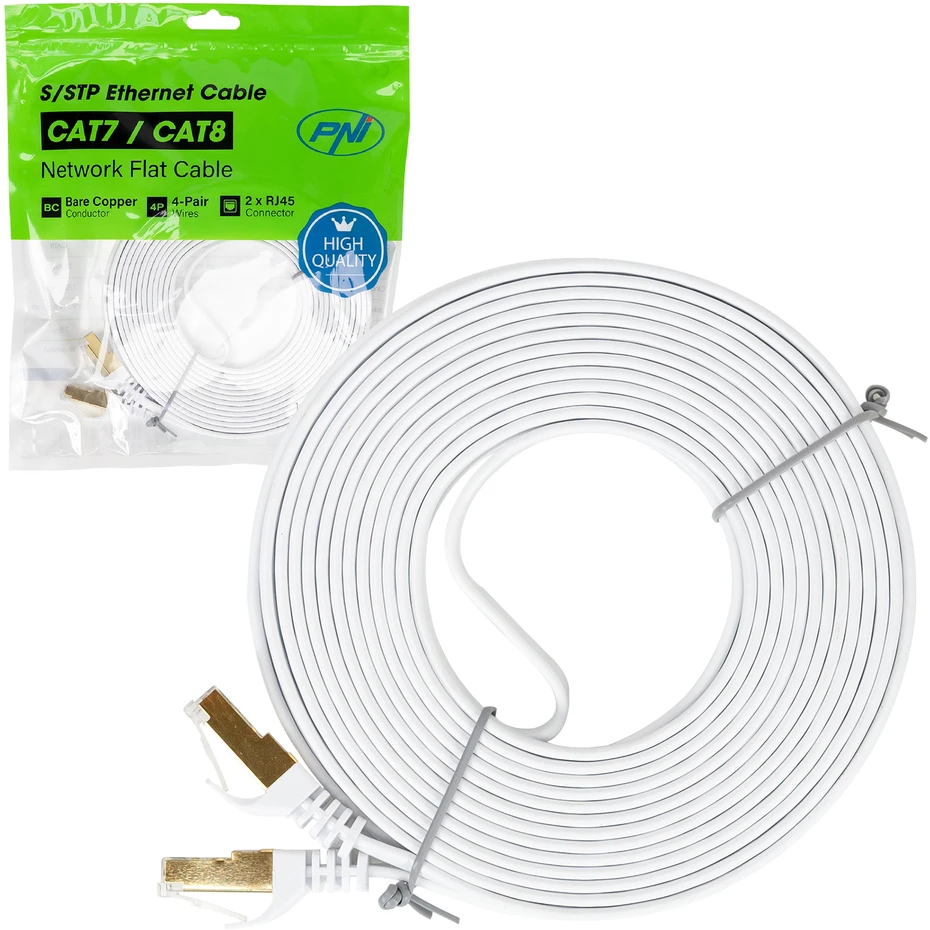 Plokščias tinklo kabelis S/STP CAT7 PNI U7075W, 2 x RJ45, 4 laidų poros, 32AWG, varinis, 10 Gbps, 600 MHz, 7.5m, baltas