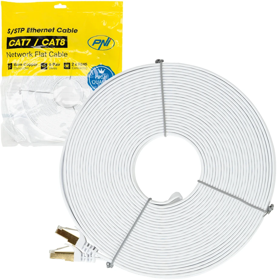 Plokščias tinklo kabelis S/STP CAT7 PNI U7200W, 2 x RJ45, 4 laidų poros, 32AWG, varinis, 10 Gbps, 600 MHz, 20m, baltas