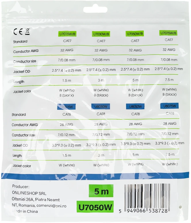 Plokščias tinklo kabelis S/STP CAT7 PNI U7050W, 2 x RJ45, 4 laidų poros, 32AWG, varinis, 10 Gbps, 600 MHz, 5m, baltas