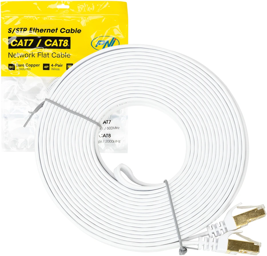 Plokščias tinklo kabelis S/STP CAT7 PNI U7100W, 2 x RJ45, 4 laidų poros, 32AWG, varinis, 10 Gbps, 600 MHz, 10m, baltas